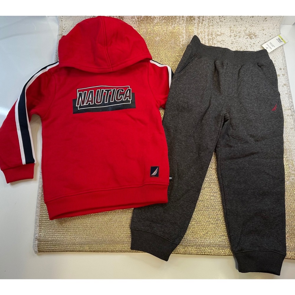 NAUTICA Toddler Boys Matching 2-Piece Red & Grey Sweats/Hoodie Outfit Set NWT 4T